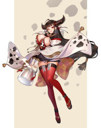 Rule 34 | 1girl, ahoge, animal print, bell, breasts, brown hair, cleavage, commentary request, cow print, highres, horns, huge breasts, long hair, looking at viewer, milk, milk churn, mole, mole on breast, orry, re:act, red eyes, red thighhighs, sandals, skindentation, smile, thighhighs, thighs, ushio tia, very long hair, virtual youtuber