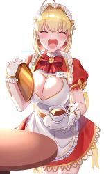 Rule 34 | 1girl, absurdres, ahoge, alternate costume, blonde hair, blush, breasts, cleavage, cleavage cutout, clothing cutout, dress, enmaided, fate/extra, fate (series), hair intakes, heart cutout, highres, holding, holding plate, large breasts, maid, name tag, nero claudius (fate), nero claudius (fate) (all), nero claudius (fate/extra), open mouth, plate, red dress, simple background, smile, solo, table, teeth, twitter username, white background, yayoi maka