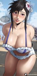 1girl absurdres breasts brown_hair cleavage echo_saber final_fantasy_vii_rebirth highres huge_breasts leaning_forward looking_at_viewer red_eyes solo swimsuit tifa_lockhart