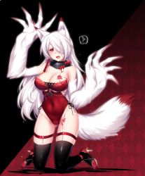 1girl, ?, black collar, black legwear, blush, breasts, claws, cleavage, collar, hair over one eye, high heels, kneeling, konshin, large breasts, leotard, long arms, long hair, looking at viewer, navel, neve (pixiv fantasia last saga), open mouth, pixiv fantasia, pixiv fantasia last saga, red eyes, solo, sparkle, spoken question mark, strapless, strapless leotard, tail, tattoo, thighhighs, white hair, wolf tail