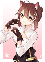 Rule 34 | 1girl, :3, absurdres, ahoge, animal ears, belt, brown corset, brown eyes, brown hair, cat ears, cleavage cutout, clothing cutout, corset, dagger, gloves, gradient background, hair bun, hair ornament, hairclip, highres, hololive, hololive english, knife, looking at viewer, multicolored hair, nanashi mumei, partially fingerless gloves, paw pose, paw print, pink background, retori, shirt, streaked hair, virtual youtuber, weapon, white shirt