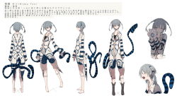 Rule 34 | 1girl, arm tattoo, arms at sides, barefoot, blue eyes, blue shorts, boots, breasts, character sheet, closed eyes, facing away, fangs, grey hair, hair tubes, hands up, hidou ten, highres, leg tattoo, long sleeves, looking back, multiple views, open mouth, original, profile, short hair with long locks, shorts, sideways glance, simple background, small breasts, smile, standing, standing on one leg, striped clothes, striped shorts, tail, tail wrap, tattoo, translation request, turnaround, white background, yukima (yushika)