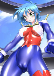 Rule 34 | 1girl, :d, allenby beardsley, blue hair, bodysuit, breasts, cameltoe, cleft of venus, cloud, cockpit, covered erect nipples, female focus, from below, g gundam, gradient background, green eyes, grin, gundam, highres, large breasts, legs, looking away, mobile trace suit, open mouth, sakura ryuuken, shiny clothes, short hair, skin tight, sky, smile, solo, standing, thighs