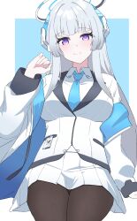 Rule 34 | 1girl, absurdres, black pantyhose, blue archive, blue background, blue necktie, blunt bangs, breasts, closed mouth, grey hair, halo, highres, jacket, large breasts, long hair, looking at viewer, mechanical halo, necktie, noa (blue archive), pantyhose, purple eyes, qusouzu mogari, sitting, skirt, smile, solo, two-tone background, white background, white jacket, white skirt