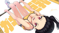 Rule 34 | 1girl, :d, black hair, breasts, cleavage, colored eyelashes, fangs, forehead, horizontal bar, kaedeko (kaedelic), looking at viewer, medium breasts, open mouth, oppai loli, original, red eyes, short shorts, shorts, simple background, smile, socks, solo, twintails, upside-down, white background, white socks