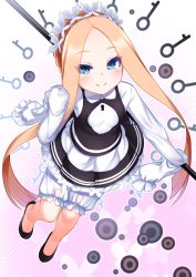 Rule 34 | 1girl, abigail williams (fate), abigail williams (festival outfit) (fate), black footwear, black skirt, blonde hair, bloomers, blue eyes, blush, braid, breasts, closed mouth, dress, fate/grand order, fate (series), forehead, french braid, gradient background, heroic spirit festival outfit, highres, key, keyhole, kirisame mia, long hair, long sleeves, looking at viewer, maid headdress, official alternate costume, parted bangs, skirt, sleeves past fingers, sleeves past wrists, smile, solo, staff, underwear, very long hair, white bloomers, white dress