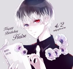 Rule 34 | 10s, 1boy, awara kayu, black hair, black shirt, blood, blood on clothes, book, character name, closed mouth, commentary request, face, flower, grey background, hair between eyes, heterochromia, holding, holding book, looking at viewer, male focus, multicolored hair, necktie, out of frame, pale skin, red eyes, sasaki haise, shirt, short hair, simple background, smile, solo, tokyo ghoul, tokyo ghoul:re, white flower, white hair