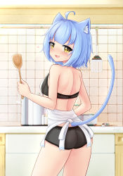 Rule 34 | 1girl, absurdres, ahoge, animal ears, apron, ass, atlanta (warship girls r), black bra, black panties, blue hair, bra, breasts, cat ears, cat tail, chinese commentary, commentary request, highres, indoors, kitchen, panties, pot, short hair, small breasts, solo, standing, tail, underwear, warship girls r, white apron, william.b, yellow eyes