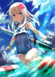 Rule 34 | 10s, 1girl, bad id, bad pixiv id, blonde hair, blue eyes, flower, hair ornament, kantai collection, kusano shinta, long hair, ro-500 (kancolle), school swimsuit, solo, swimsuit, swimsuit under clothes, tan, tanline, torpedo