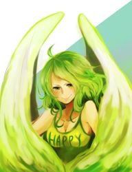 Rule 34 | 1girl, breasts, cleavage, donquixote pirates, feathers, green hair, harpy, large breasts, long hair, monet (one piece), monster girl, one piece, pi flower ka, punk hazard, shirt, smile, solo, t-shirt, wings