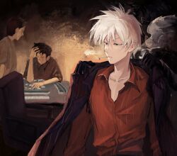 Rule 34 | 3boys, akagi: yami ni oritatta tensai, akagi shigeru, black eyes, black gloves, brown background, brown hair, chair, cigarette, closed mouth, collared shirt, commentary, expressionless, faceless, faceless male, fukumoto mahjong, gloves, hand in own hair, highres, jacket, jacket on shoulders, looking to the side, mahjong, mahjong tile, male focus, medium bangs, multiple boys, office chair, open clothes, open jacket, red shirt, ricunmaye, shirt, short hair, smoking, solo focus, striped clothes, striped jacket, striped shirt, swivel chair, upper body, vertical-striped clothes, vertical-striped jacket, vertical-striped shirt, white hair