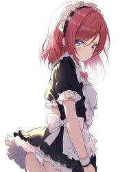 Rule 34 | 1girl, alternate costume, apron, ass, black dress, blush, borgbutler, bow, bowtie, closed mouth, commentary request, cowboy shot, dress, duplicate, enmaided, frilled apron, frills, hair between eyes, highres, looking at viewer, love live!, love live! school idol project, maid, maid apron, maid headdress, nishikino maki, panties, pixel-perfect duplicate, puffy short sleeves, puffy sleeves, purple eyes, red hair, ribbon, short hair, short sleeves, simple background, skirt, solo, standing, underwear, waist apron, white apron, white background, white panties, wrist cuffs