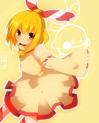 Rule 34 | 1girl, bare shoulders, bell, blonde hair, blush, chingling, creatures (company), detached sleeves, dress, game freak, gen 4 pokemon, hair ornament, hair ribbon, highres, jingle bell, looking at viewer, nintendo, personification, pokedex number, pokemon, ribbon, short hair, sleeves past wrists, smile, solo, turtleneck, zinpati