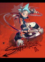 Rule 34 | 00s, 1boy, b.i.a, black eyes, black star, blue hair, chain, fingerless gloves, gloves, kusarigama, male focus, sickle, solo, soul eater, weapon