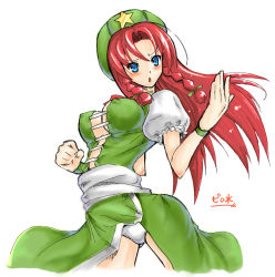 Rule 34 | 1girl, alternate costume, bad anatomy, beckoning, blue eyes, braid, breasts, center opening, cleavage, covered erect nipples, female focus, fighting stance, hat, hong meiling, immaterial and missing power, large breasts, long hair, panties, pantyshot, piromizu, red hair, solo, touhou, twin braids, underwear