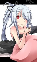 Rule 34 | 1girl, black dress, dated, dress, hair over one eye, hair ribbon, hebitsukai-san, highres, looking at viewer, original, pillow, ponytail, red eyes, ribbon, silver hair, sitting, sleeveless, sleeveless dress, solo, tablet pc, twitter username