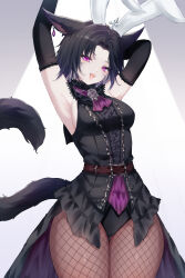 1girl absurdres animal_ears arms_up artist_name ascot black_dress black_hair black_sleeves breasts cat_ears cat_girl cat_tail commission detached_sleeves dress earrings facial_mark fake_animal_ears final_fantasy final_fantasy_xiv fishnet_pantyhose fishnets highres jewelry looking_at_viewer miqo&#039;te pantyhose pink_eyes rabbit_ears sana_(sanamaru_0w0) sideboob skeb_commission sleeveless sleeveless_dress solo tail warrior_of_light_(ff14) whisker_markings