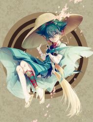 Rule 34 | 1boy, bandaged arm, bandaged knees, bandaged leg, bandages, bandaid, bandaid on cheek, bandaid on face, blue eyes, blue hair, cherry blossoms, child, circle, dama (sindygao), eyes visible through hair, flower, full body, hand on headwear, hat, high ponytail, holding, holding sword, holding weapon, long sleeves, looking at viewer, male focus, parted lips, petals, pink flower, red ribbon, ribbon, sandals, sayo samonji, short hair, short ponytail, short sword, solo, straw hat, sword, touken ranbu, weapon