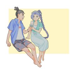 Rule 34 | 1boy, 1girl, asymmetrical hair, bags under eyes, barefoot, black eyes, black hair, black shorts, blue hair, blue shirt, border, bracelet, braid, braided ponytail, breasts, cleavage, closed mouth, collarbone, crop top, double popsicle, dress, eye contact, feet, floral print, flower, food, godzillapigeon1, green eyes, green shirt, hair tie, hand up, happy, head wreath, highres, holding, holding food, jewelry, long hair, looking at another, mole, mole under eye, open clothes, open mouth, open shirt, outside border, popsicle, scissor seven, seven (scissor seven), shirt, short hair, short sleeves, shorts, simple background, single braid, sitting, small breasts, smile, star (symbol), star print, thick eyebrows, thirteen (scissor seven), tied shirt, topknot, undershirt, very long hair, white border, white dress, white flower, white shirt, yellow background