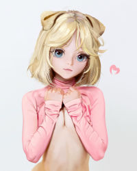 Rule 34 | 1girl, absurdres, animal ears, blonde hair, blue eyes, bob cut, breasts, closed mouth, collared shirt, covering privates, covering breasts, dog ears, grey background, highres, long sleeves, looking at viewer, midriff peek, original, parted bangs, pink shirt, shirt, short hair, simple background, small breasts, solo, sweetonedollar, upper body