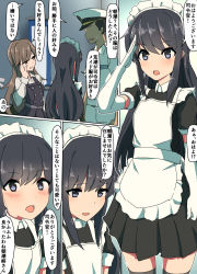 Rule 34 | 10s, 1boy, 2girls, admiral (kancolle), alternate costume, apron, arashio (kancolle), asashio (kancolle), black hair, black legwear, blue eyes, blush, brown eyes, brown hair, buttons, collared shirt, comala (komma la), comic, commentary request, dress, gloves, hair between eyes, half-closed eyes, hanging scroll, hat, headdress, highres, kantai collection, long hair, maid apron, maid headdress, military, military hat, military uniform, multiple girls, open mouth, peaked cap, pinafore dress, pleated skirt, salute, scroll, shirt, short sleeves, skirt, sleeveless, sleeveless dress, straight hair, sweatdrop, thighhighs, translated, uniform, white gloves, white shirt