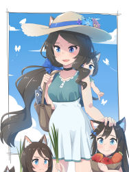 Rule 34 | 4girls, :d, :t, absurdres, aina (mao lian), animal ear fluff, animal ears, bag, black choker, blue eyes, blue flower, blue sky, brown hair, carrot, carrying, cat ears, cat tail, child, child carry, choker, closed mouth, day, ears through headwear, fish, flower, hair ornament, hair scrunchie, hand on another&#039;s head, hat, hat flower, highres, long hair, mao lian (nekokao), mother and daughter, multiple girls, open mouth, original, pregnant, purple flower, scrunchie, shoulder bag, sky, smile, spring onion, sun hat, tail, triplets, very long hair