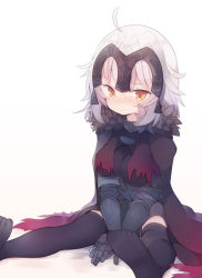 Rule 34 | 1girl, ahoge, armor, armored dress, beni shake, between legs, black dress, black thighhighs, blush, breasts, brown cape, brown eyes, cape, closed mouth, commentary request, dress, fate/grand order, fate (series), gauntlets, gradient cape, hair between eyes, hand between legs, headpiece, jeanne d&#039;arc (fate), jeanne d&#039;arc alter (avenger) (fate), jeanne d&#039;arc alter (fate), looking at viewer, medium breasts, no shoes, red cape, sitting, soles, solo, thighhighs, white hair
