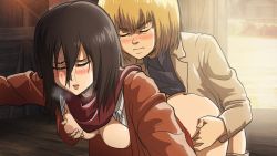 Rule 34 | 1boy, 1girl, absurdres, armin arlert, ass, black hair, blonde hair, blush, breasts, doggystyle, drpizzaboi1, closed eyes, grabbing, hanging breasts, highres, large breasts, lipstick, makeup, mikasa ackerman, nipples, open mouth, penis, pussy, sex, sex from behind, shingeki no kyojin, thighhighs, thighs