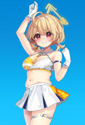 Rule 34 | 1girl, arm up, armband, blue archive, blue armband, blue background, breasts, cheerleader, cleavage, gloves, gradient background, grin, halo, hayama salt, highres, kotori (blue archive), kotori (cheer squad) (blue archive), medium breasts, navel, official alternate costume, plump, red eyes, short twintails, skirt, smile, solo, sports bra, thigh strap, triangle halo, twintails, two-tone sports bra, white gloves, white skirt, yellow halo