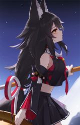 Rule 34 | 1girl, absurdres, animal ear fluff, animal ears, bare shoulders, black hair, black shirt, black skirt, brown eyes, commentary request, cowboy shot, detached sleeves, from side, highres, holding, hololive, light blush, long hair, long sleeves, looking away, low-tied long hair, night, night sky, ookami mio, ookami mio (1st costume), profile, shirt, skirt, sky, solo, thomas 8000, very long hair, virtual youtuber, wolf ears
