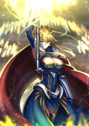 Rule 34 | 1girl, ahoge, arm up, armor, armpits, artoria pendragon (all), artoria pendragon (fate), artoria pendragon (lancer) (fate), blonde hair, blue leotard, blue skirt, blue thighhighs, breasts, cape, cleavage, cleavage cutout, closed mouth, clothing cutout, commentary request, covered navel, cross, crown, detached sleeves, expressionless, fate/grand order, fate (series), fur-trimmed cape, fur trim, gauntlets, glowing, glowing weapon, green eyes, hair between eyes, holding, holding weapon, kotera ryou, lance, large breasts, legs together, leotard, light particles, looking at viewer, polearm, red cape, rhongomyniad (fate), saber (fate), short hair with long locks, skirt, solo, standing, thighhighs, tsurime, waist cape, weapon, wind