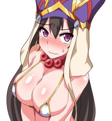 Rule 34 | 1girl, bead necklace, beads, bikini, black hair, blush, breasts, cleavage, closed mouth, earrings, fate/grand order, fate (series), hair between eyes, hat, hoop earrings, ikue fuuji, jewelry, large breasts, long hair, looking at viewer, micro bikini, necklace, nose blush, prayer beads, purple eyes, solo, sweat, swimsuit, upper body, wavy mouth, xuangzang sanzang (fate)