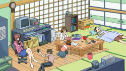 Rule 34 | 108, 2boys, 3girls, computer, console, drawing tablet, game console, indoors, keyboard (computer), multiple boys, multiple girls, room, roomscape, sleeping