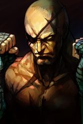 Rule 34 | 1boy, bald, black background, capcom, closed mouth, eyepatch, facing viewer, frown, hands up, hungry clicker, male focus, sagat, scar, simple background, solo, street fighter, upper body, yellow eyes