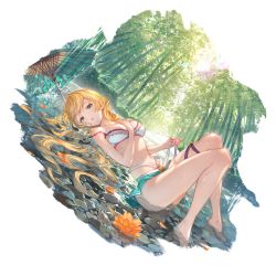 Rule 34 | 1girl, bamboo, bamboo forest, barefoot, bikini, blonde hair, blue eyes, breasts, day, flower, forest, granblue fantasy, hand on own chest, knees up, long hair, lying, medium breasts, mirin (granblue fantasy), nature, official art, on back, on water, outdoors, parted lips, solo, swimsuit, transparent background, umbrella, water