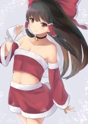 Rule 34 | 1girl, absurdres, bag, bare shoulders, bell, black choker, bow, breasts, brown eyes, brown hair, choker, cleavage, closed mouth, collarbone, commentary request, cowboy shot, crop top, detached sleeves, fur trim, grey background, hair between eyes, hair bow, hair tubes, hakurei reimu, highres, holding, holding bag, long hair, looking at viewer, midriff, navel, neck bell, red bow, red skirt, rei (farta litia), sidelocks, simple background, skirt, small breasts, smile, solo, standing, touhou, very long hair, wide sleeves