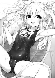 Rule 34 | 1girl, arm up, armpits, breasts, commentary request, commission, fueru nattou, greyscale, highres, holding, holding shower head, long hair, looking at viewer, lying, monochrome, name tag, on back, one-piece swimsuit, open mouth, original, paid reward available, school swimsuit, shower head, small breasts, smile, solo, spread legs, swimsuit, twintails, v, variant set, wading pool, wet