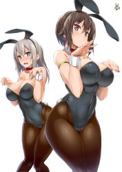 Rule 34 | 10s, 2girls, :o, alternate costume, animal ears, arm ribbon, black leotard, blue eyes, blush, bow, bowtie, breasts, brown eyes, brown hair, brown legwear, cleavage, covered navel, cross-laced clothes, detached collar, embarrassed, eyebrows, fake animal ears, girls und panzer, grey nails, hair between eyes, hairband, hands up, itsumi erika, large breasts, leotard, long hair, looking at viewer, multiple girls, nail polish, nishizumi maho, open mouth, palms, pantyhose, playboy bunny, rabbit ears, rabbit pose, rabbit tail, red bow, red bowtie, red nails, ribbon, short hair, side-tie leotard, silver hair, simple background, skin tight, strapless, strapless leotard, tail, uo denim, wavy mouth, wrist cuffs