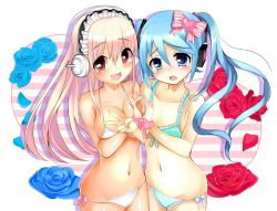 Rule 34 | 2girls, bad id, bad pixiv id, bikini, blue eyes, blue hair, blush, breasts, cleavage, flat chest, flower, hatsune miku, headphones, large breasts, long hair, looking at viewer, multiple girls, navel, nitroplus, open mouth, pink eyes, pink hair, razuchi, ribbon, rose, short twintails, side-tie bikini bottom, simple background, smile, super sonico, swimsuit, twintails, v, vocaloid