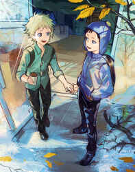 Rule 34 | 2boys, autumn leaves, backpack, bag, black hair, blonde hair, blue eyes, button gap, chullo, coffee cup, collared shirt, craig tucker, cup, disposable cup, doorway, full body, hand in pocket, highres, holding, holding cup, holding hands, long sleeves, looking at another, male focus, multiple boys, nesstune, open mouth, outdoors, pants, shirt, short hair, sleeves rolled up, smile, south park, tree, tweek tweak
