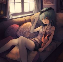 Rule 34 | 1girl, bare shoulders, black shorts, clock, clothing cutout, collarbone, g11 (girls&#039; frontline), girls&#039; frontline, grey eyes, hair between eyes, hand up, long hair, looking at viewer, lying, messy hair, navel, on back, on bed, one eye closed, open mouth, pillow, scarf on head, shorts, shoulder cutout, silver hair, solo, stuffed animal, stuffed toy, suginakara (user ehfp8355, toy