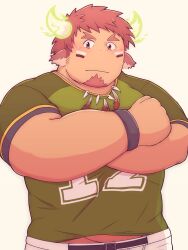 Rule 34 | 1boy, american football uniform, animal ears, bara, blush, brown eyes, brown hair, cow boy, cow ears, cow horns, cowboy shot, crossed arms, dark-skinned male, dark skin, eye black, facial hair, feather necklace, fiery horns, forked eyebrows, glowing horns, goatee, green shirt, highres, horns, iorai, jewelry, looking at viewer, male focus, midriff peek, muscular, muscular male, necklace, shirt, short hair, short sleeves, sideburns stubble, solo, spiked hair, sportswear, stubble, thick eyebrows, tight clothes, tight shirt, tokyo houkago summoners, wakan tanka