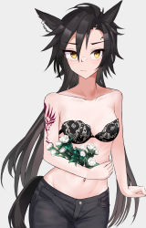 Rule 34 | 1girl, absurdres, air shakur (umamusume), animal ears, arm at side, arm tattoo, bare shoulders, black bra, black hair, black pants, bra, breasts, closed mouth, collarbone, deen (hnxp8555), denim, eyebrow piercing, flower, groin, highres, holding, holding flower, horse ears, horse girl, horse tail, jeans, lace, lace bra, long hair, looking at viewer, navel, pants, parted bangs, piercing, small breasts, solo, strapless, strapless bra, tail, tattoo, umamusume, underwear, yellow eyes