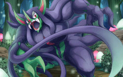 Rule 34 | commentary request, creatures (company), forest, game freak, gen 8 pokemon, glowing mushroom, grimmsnarl, hakuginnosora, highres, mushroom, nature, nintendo, no humans, open mouth, outdoors, pokemon, pokemon (creature), red eyes, solo, teeth, tongue, tree