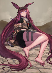Rule 34 | 1girl, absurdly long hair, animal ears, arknights, ass, bare legs, barefoot, black shirt, black shorts, breasts, brown hat, brown jacket, cropped jacket, detached sleeves, grey sky, hat, highres, jacket, layered sleeves, long hair, long sleeves, looking at viewer, medium breasts, no shoes, off shoulder, open clothes, open jacket, outdoors, pouch, power lines, purple eyes, purple hair, rabbit ears, rabbit girl, ray (arknights), shirt, short sleeves, shorts, sky, sleeveless, sleeveless jacket, solo, thigh pouch, very long hair, visor cap, yamauchi (conan-comy)