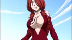 Rule 34 | 1girl, animated, animated gif, bare legs, bare shoulders, blue sky, braid, breast tattoo, breasts, cleavage, dress, fairy tail, flare corona, large breasts, lips, long hair, red dress, red eyes, red hair, sky, smile, solo, standing, tattoo, twin braids, very long hair