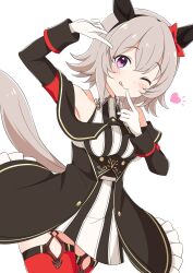 Rule 34 | 1girl, animal ears, bare shoulders, black dress, black hairband, blush, border, bow, breasts, commentary request, cowboy shot, curren chan (umamusume), dress, ear bow, ear covers, gloves, grey hair, hair between eyes, hairband, highres, horse ears, horse girl, horse tail, kamuraaa 615, long sleeves, looking at viewer, medium breasts, off-shoulder dress, off shoulder, pantyhose, purple background, purple eyes, red bow, red pantyhose, short hair, simple background, solo, striped clothes, striped dress, tail, umamusume, white dress, white gloves