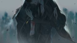 Rule 34 | 2boys, absurdres, black hair, black jacket, black necktie, black pants, bleeding, blood, blood on face, blood stain, blurry, blurry background, chinese commentary, commentary request, hidden face, highres, holding another&#039;s head, holding person, injury, jacket, ji26725339, klein moretti, leonard mitchell, lord of the mysteries, multiple boys, necktie, pants, parted lips, pendulum, rain, shirt, teeth, white shirt, wind