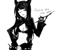 Rule 34 | 10s, 1girl, black gold saw, black hair, black rock shooter, bra, breasts, cleavage, cropped jacket, english text, horns, lingerie, long hair, lowres, meme, midriff, navel, one eye closed, pale skin, red eyes, solo, text focus, tribute (tributism), underwear, wink