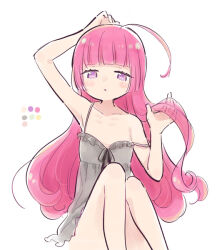 Rule 34 | 1girl, :o, ahoge, arm behind head, arm up, bare arms, bare shoulders, black camisole, black ribbon, blunt bangs, camisole, commentary request, flat chest, hand up, hojo sophy, holding own hair, knees up, long hair, looking at viewer, open mouth, pink hair, pretty series, pripara, purple eyes, ribbon, simple background, sitting, solo, strap slip, terayamaden, very long hair, white background